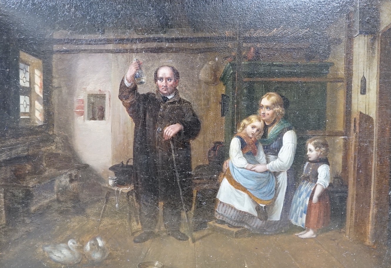 Late 19th century Austrian School, oil on papier mache, 'The Doctor's Visit', possibly once a box lid, 11.5 x 17cm